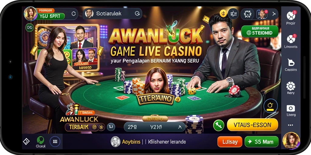 Screenshot gameplay dari AWANLUCK menampilkan dealer langsung dan suasana kasino yang nyata.
