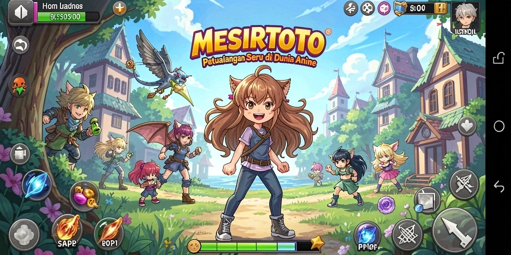 Screenshot gameplay MESIRTOTO yang menampilkan karakter anime yang penuh warna.