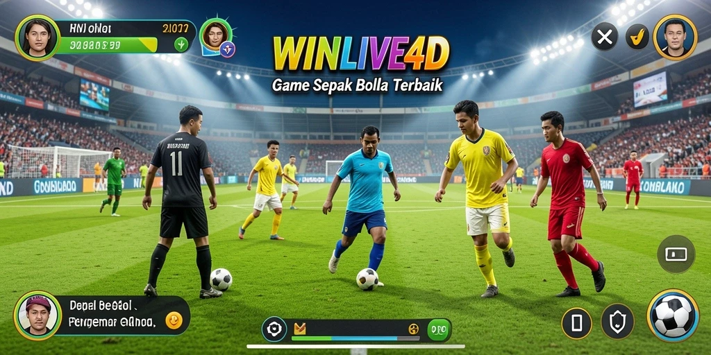 Screenshot gameplay WINLIVE4D menunjukkan aksi seru pertandingan sepak bola.
